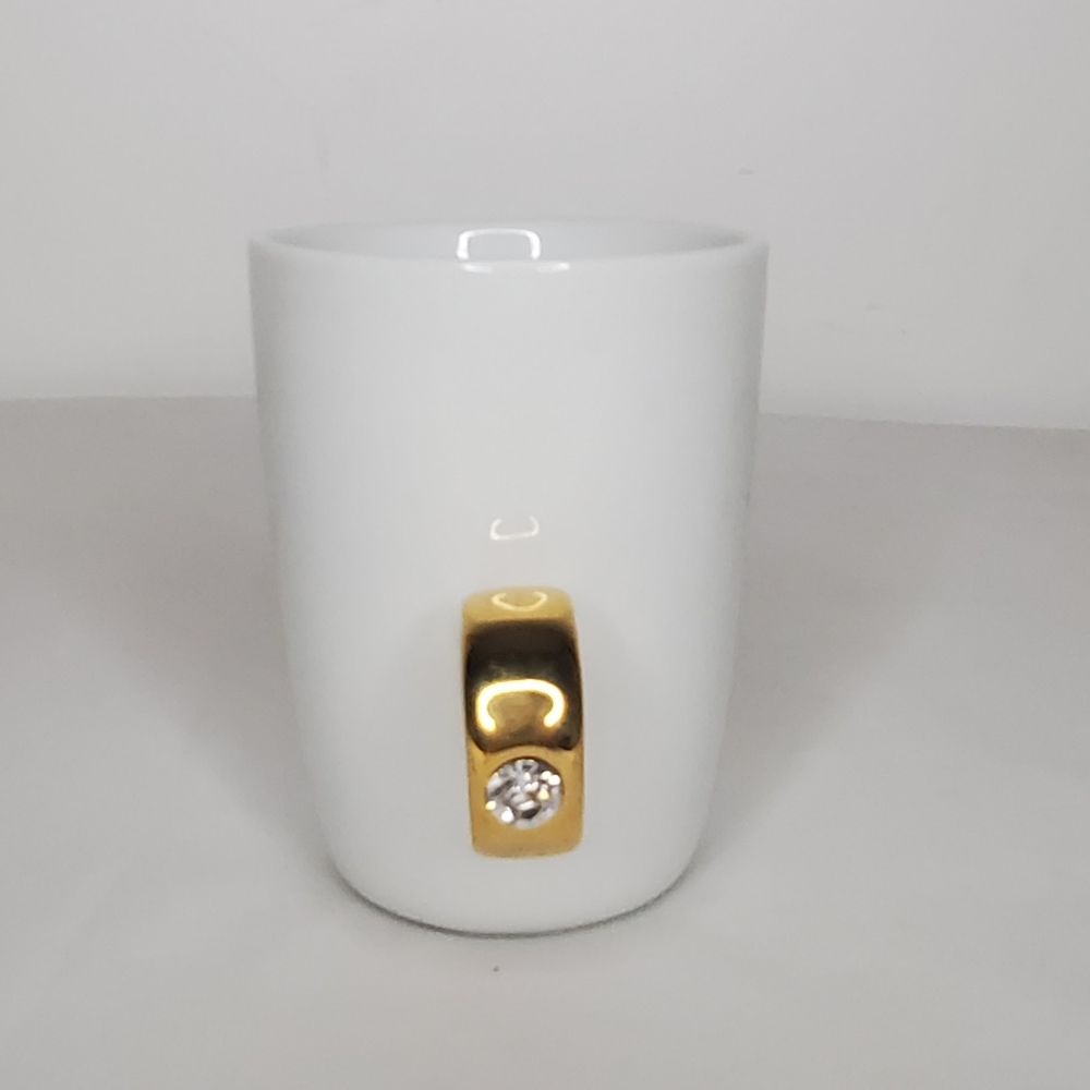 FLOYD 4"high x 3"diameter White /Gold Ring w/swaroski Crystal Ceramic Coffee Mug - Picture 4 of 8